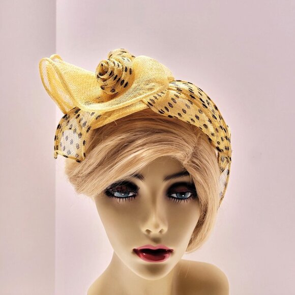 Yellow Polka Dot Headband Fascinator Hair Accessory Wedding Hair Accessory - Picture 3 of 16